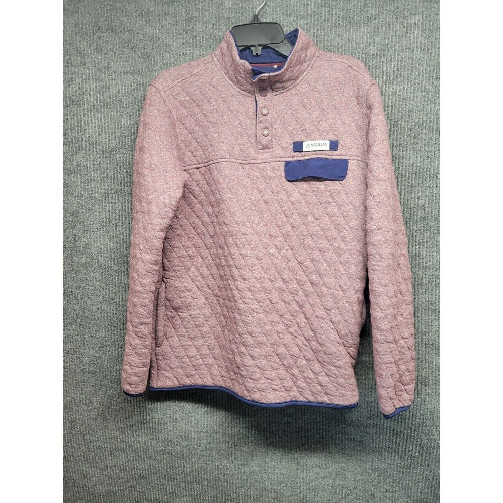 Magellan Outdoors Mens Medium Quilted Snap Pullover Classic Fit Flex Maroon Navy